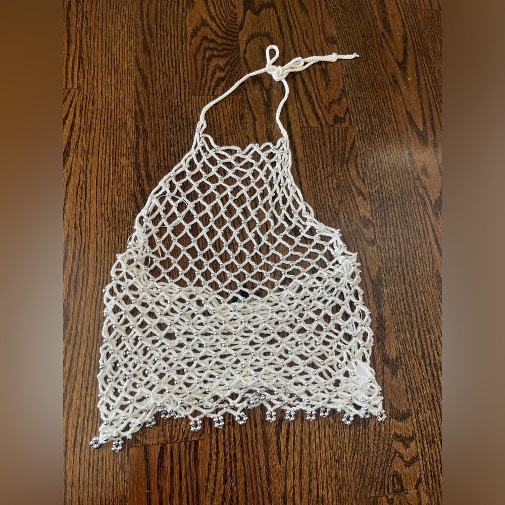 Debut women knit net halter top with beads size S/M beige stretchy fabric